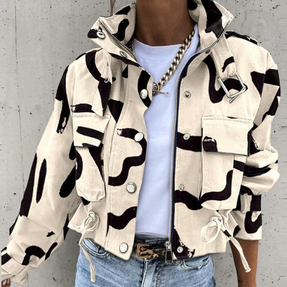 (beige, S) Autumn Winter Women Geometric Jackets Tops Vintage Print Long Sleeve Button Jacket Coat 2024 Ladies Leisure Outerwear Short Tops