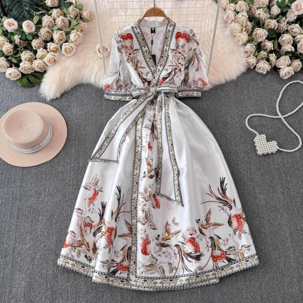 (white, XL) Summer Bohemian Flower Print Long Dress Women V-neck Puff Sleeve Vintage Print Bandage Lace Up Vestido Female Clothes 1651