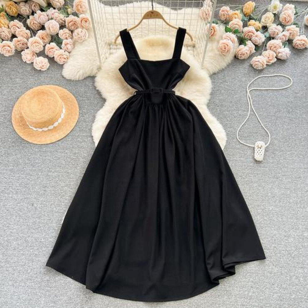 (black, L) Chic Sexy Square Neck High Waist Slip Dress Fairy Casual A-line Dress Summer Beach Vacation Vestidos Women Boho Sundress