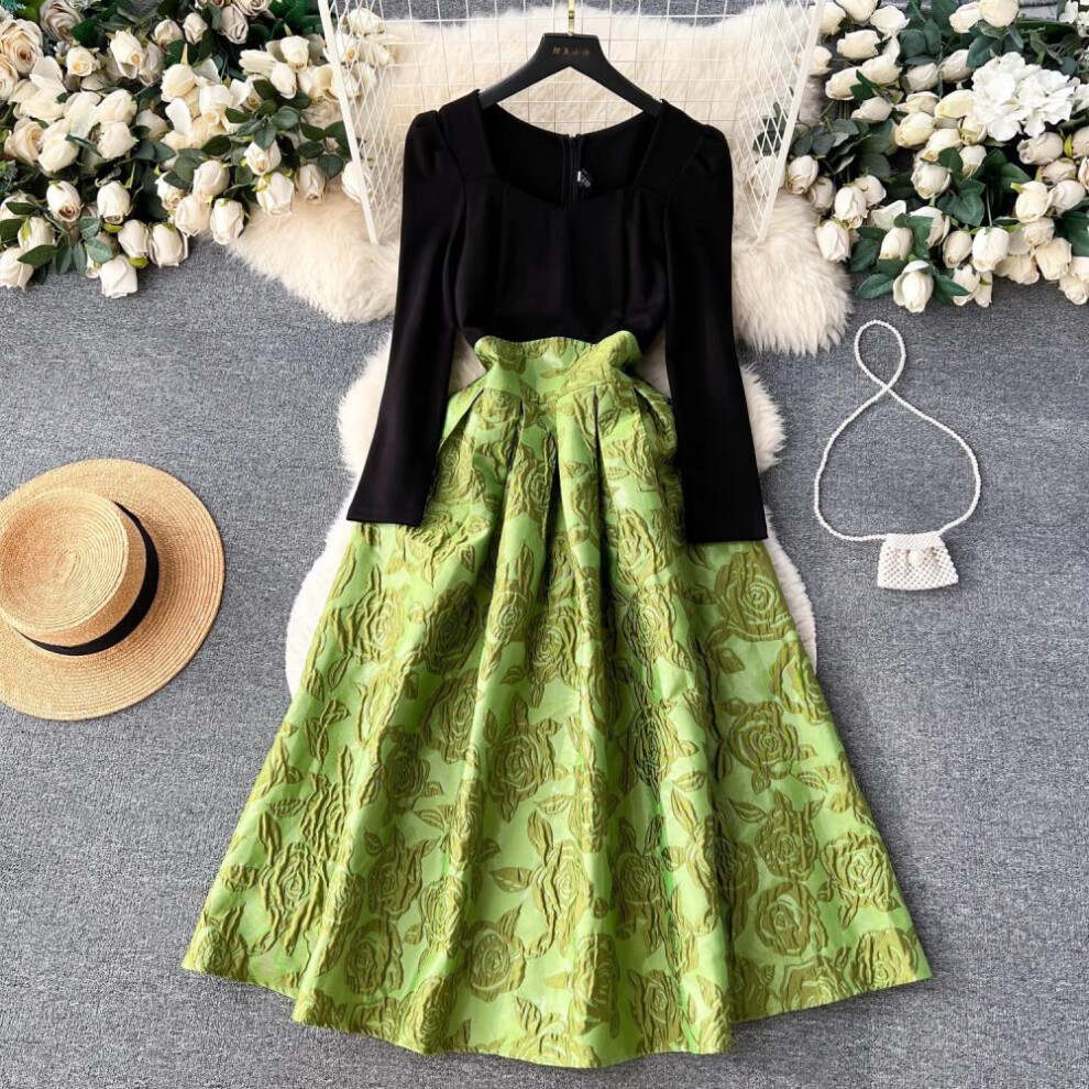 (green, XL) Designer Runway Autumn Winter Ball Gown Midi Dress Vintage Women&apos;s Square Collar Black Patchwork Green Jacquard Party Vestidos