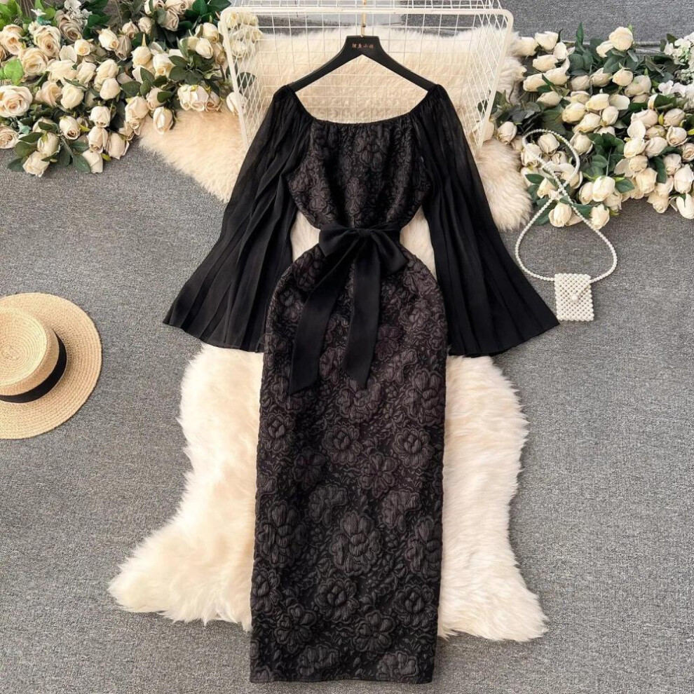 (black, L) France Elegant Jacquard Dress Women&apos;s Chiffon Long Cloak Sleeve Patchwork Package Hip Lace Up Party Vestidos Emboss Clothing