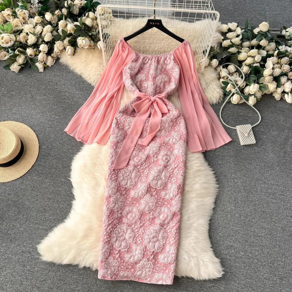 (pink, XL) France Elegant Jacquard Dress Women&apos;s Chiffon Long Cloak Sleeve Patchwork Package Hip Lace Up Party Vestidos Emboss Clothing