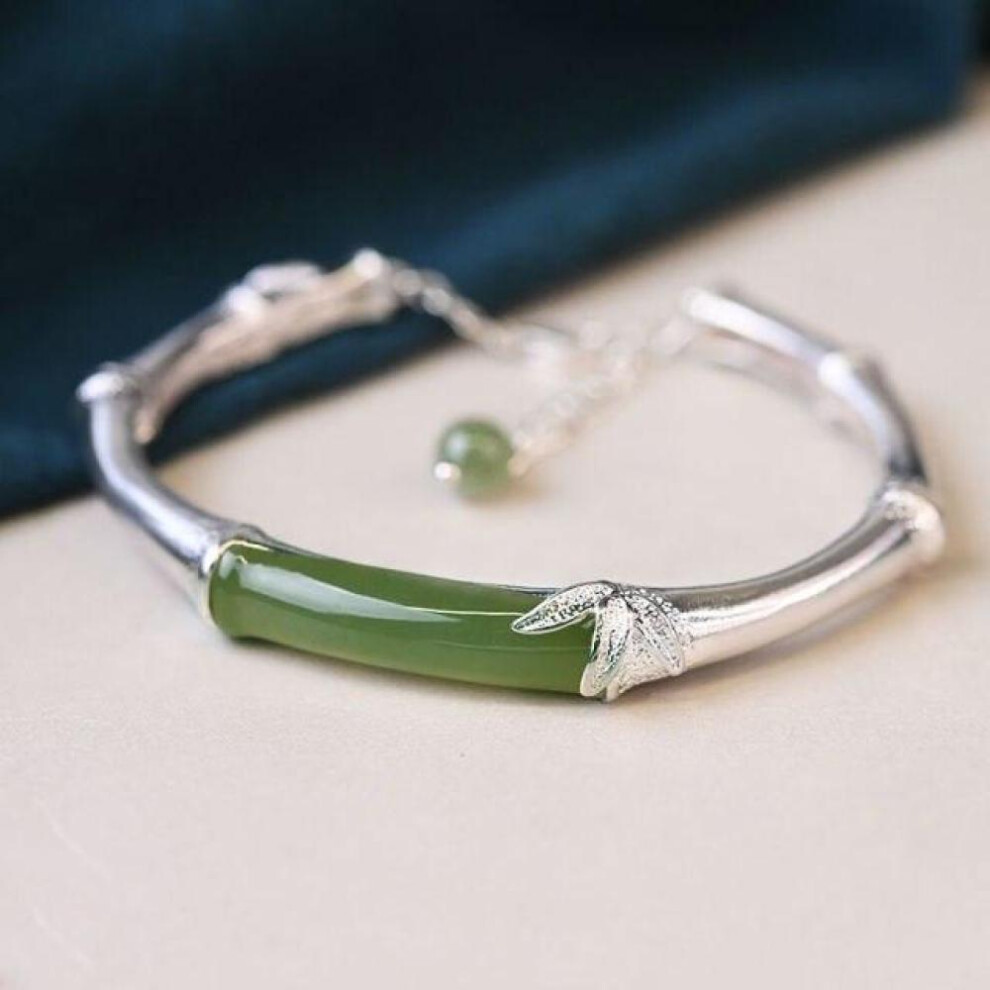 (white) S925 Sterling Silver Bracelet Natural Hetian Jade Festival High Ethnic Style Bamboo Bracelet Adjustable Opening Bangle Bracelet