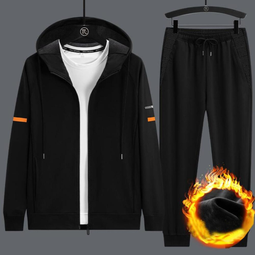 (black, 8XL) Men's Hooded Cardigan Coat Winter Padded Sweatpants Set Casual Plus Size Sports Two-piece Fashion