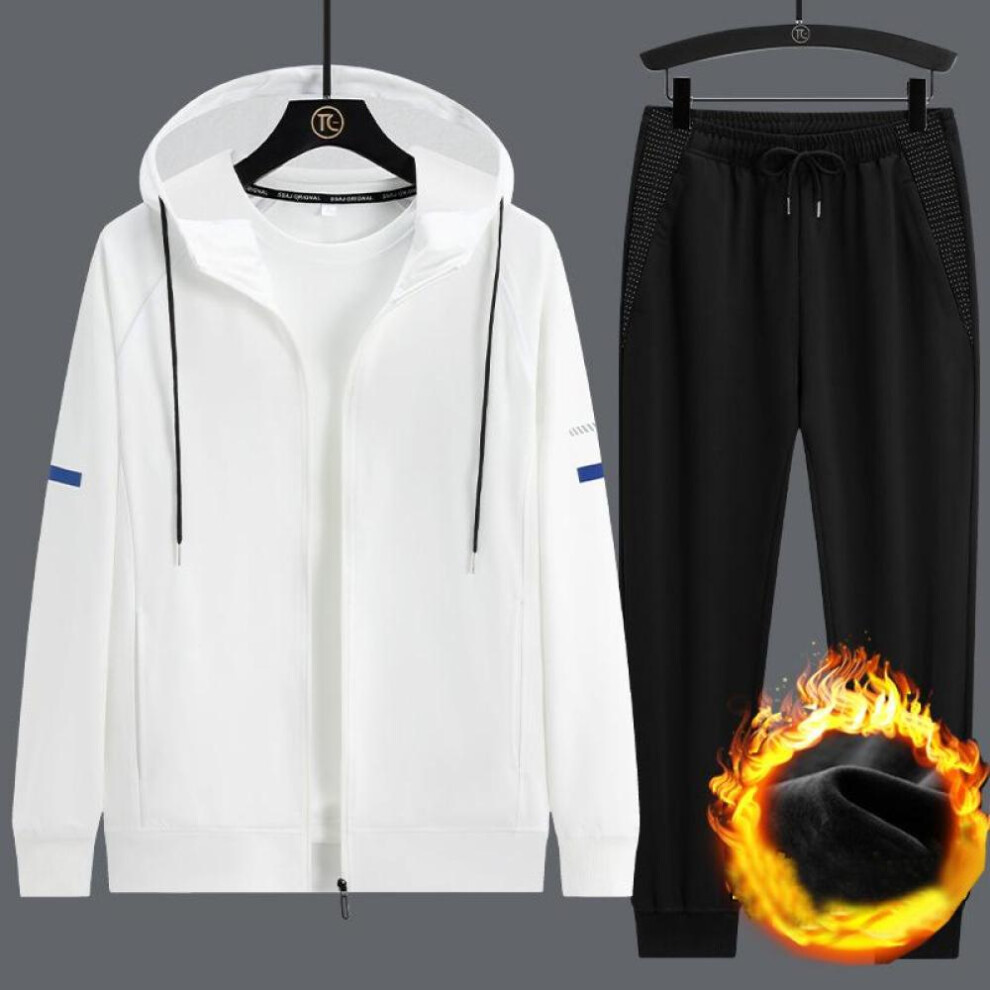 (white, XL) Men's Hooded Cardigan Coat Winter Padded Sweatpants Set Casual Plus Size Sports Two-piece Fashion