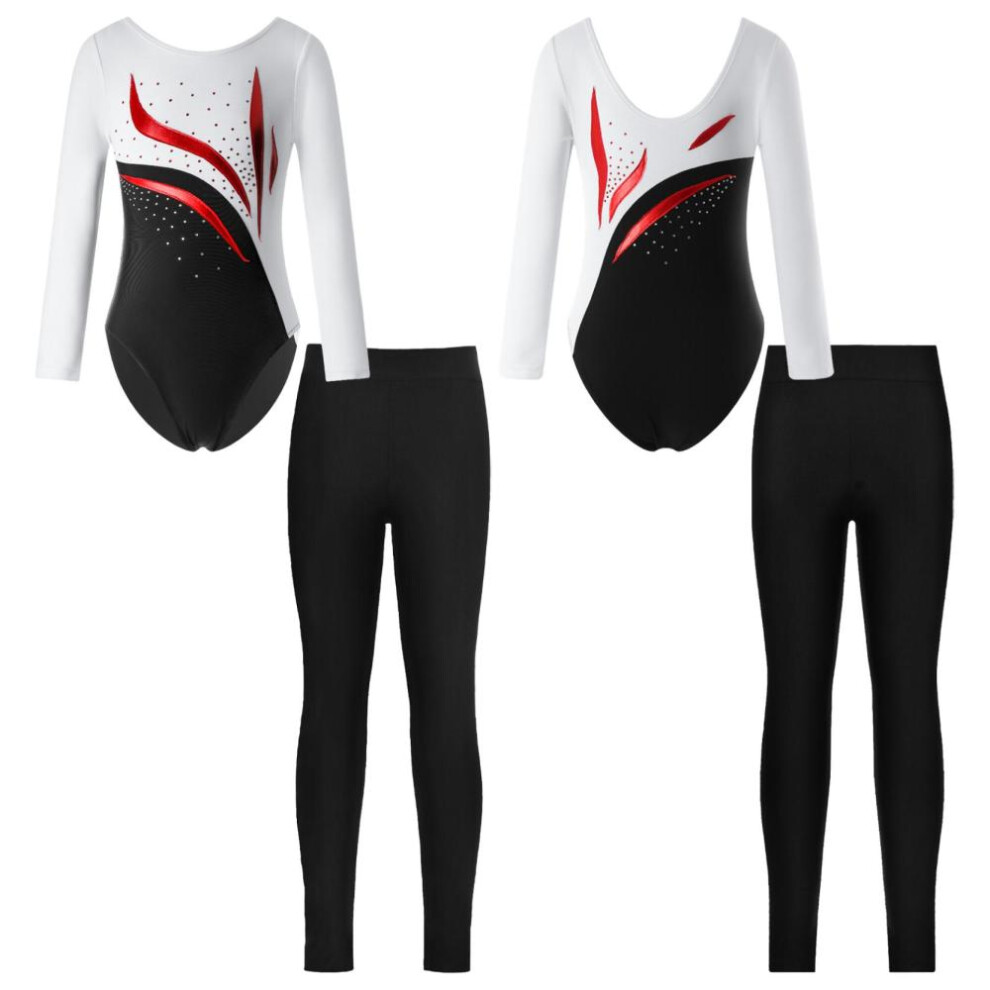 (white,black, 9-10 Years) Kids Girls 2pcs Skating Clothing Long Sleeve Shiny Rhinestone Decor Leotard With Leggings Set For Dance Training Wear