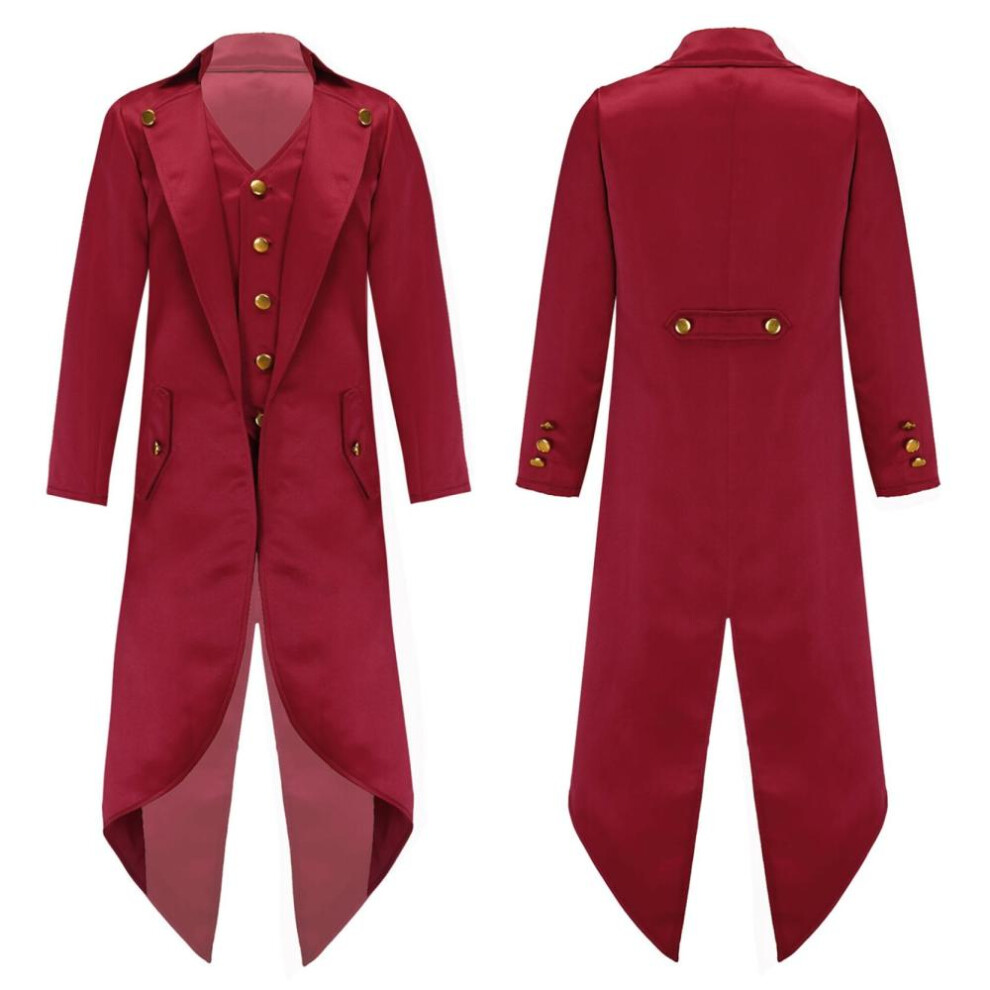 (burgundy, 15-16 Years) Kids Renaissance Steampunk Costumes Fake Two Piece Tailcoat Retro Gold Buttons Solid Color Victorian Jacket