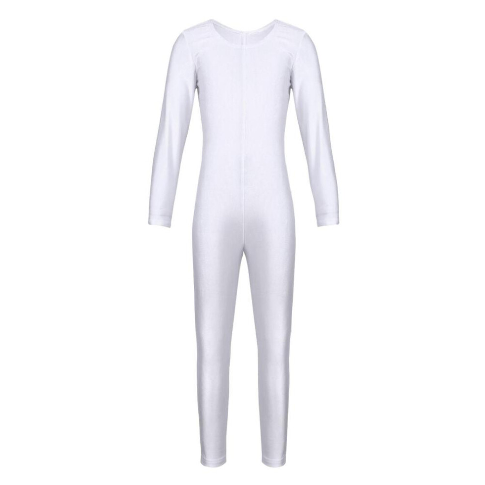 (white, 5-6 Years) Kids Girls Long Sleeve Ballet Dance Gymnastics Leotard Jumpsuit Unitard Solid Color Zipper Stretchy Bodysuit