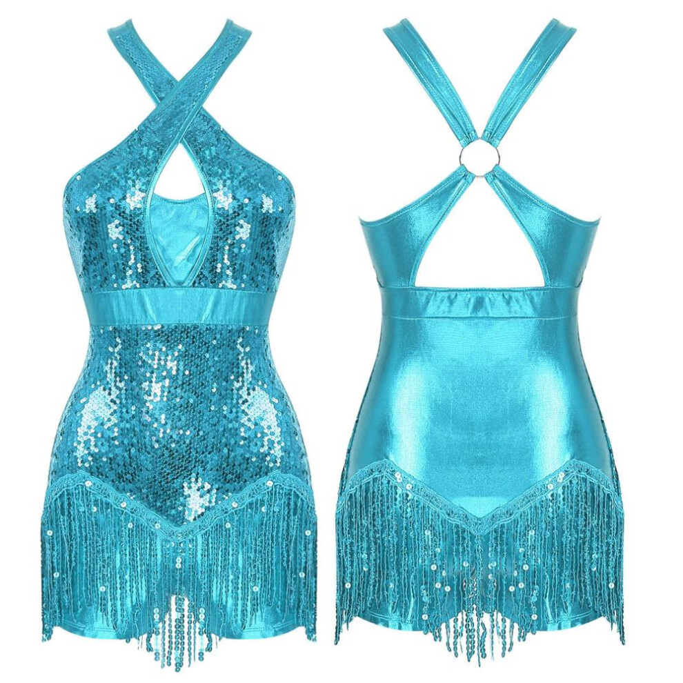 (sky blue, XXL) Women&apos;s One Piece Tassels Shiny Sequins Ballroom Latin Dance Leotard Flowy Fringe Bodysuit Dancewear
