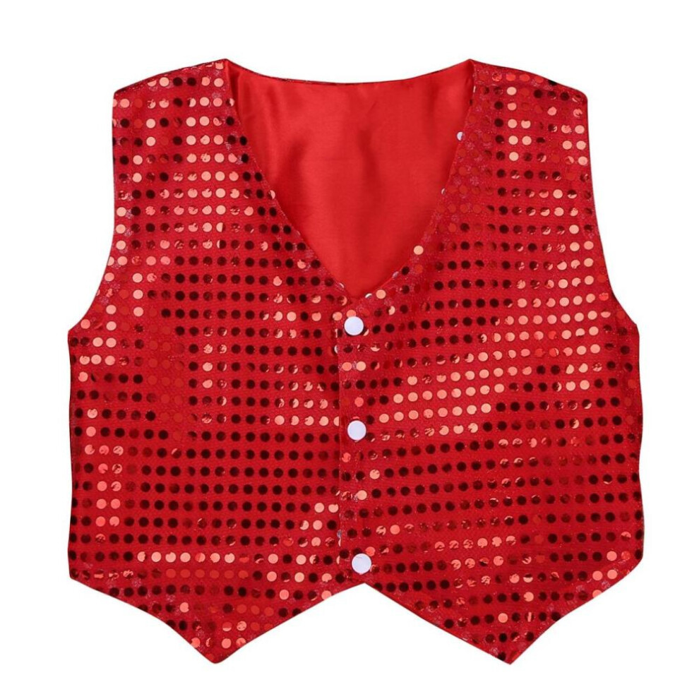 (red, 7-8 Years) Kids Boys Sequined V Neckline Vest 3 Press Buttons Jacket Hip-hop Jazz Dance Waistcoat Stage Performance Clothes