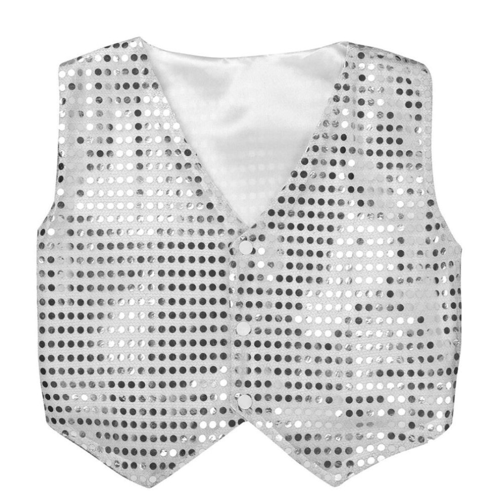 (silver, 7-8 Years) Kids Boys Sequined V Neckline Vest 3 Press Buttons Jacket Hip-hop Jazz Dance Waistcoat Stage Performance Clothes