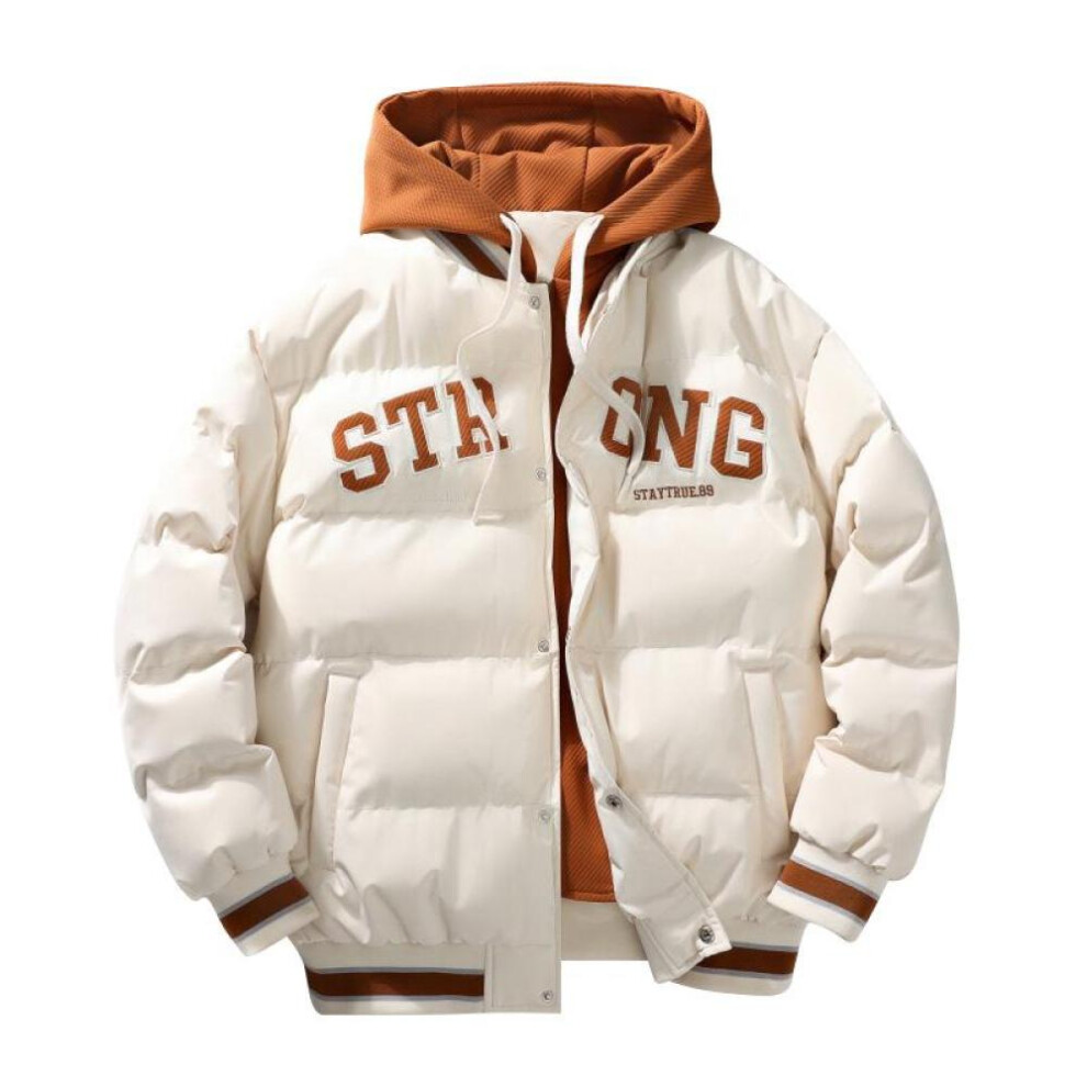 (white, L) Men's Autumn/winter Hooded Fashion Plus Trendy Letter Print Jacket Fake Two Down Jackets