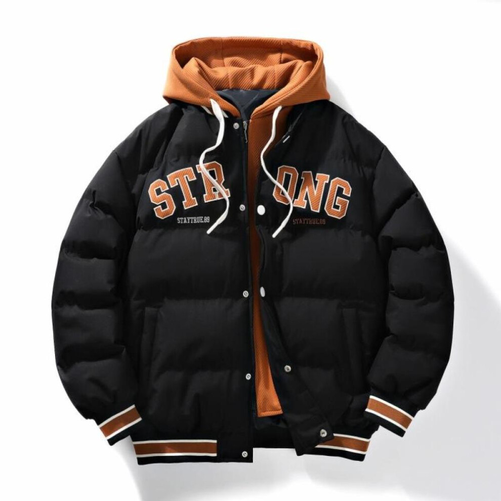 (black, XL) Men's Autumn/winter Hooded Fashion Plus Trendy Letter Print Jacket Fake Two Down Jackets