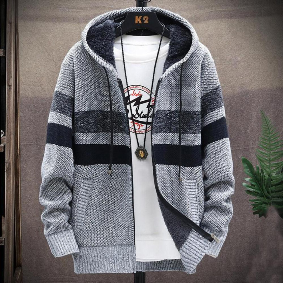 (grey, L) Cardigan Men Sweaters Coats Winter Fleece Knitted Sweater Jacket  Warm Zipper Wool Hooded Cardigan