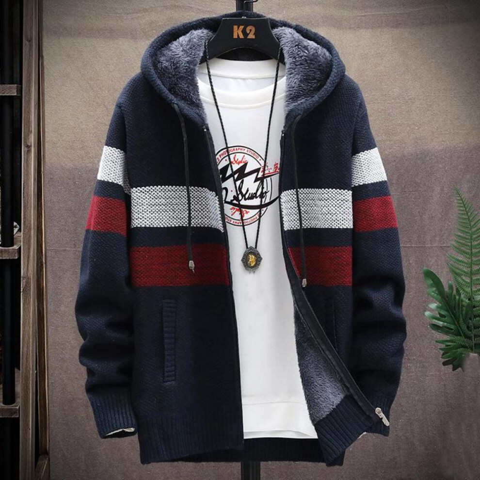 (navy blue, L) Cardigan Men Sweaters Coats Winter Fleece Knitted Sweater Jacket  Warm Zipper Wool Hooded Cardigan