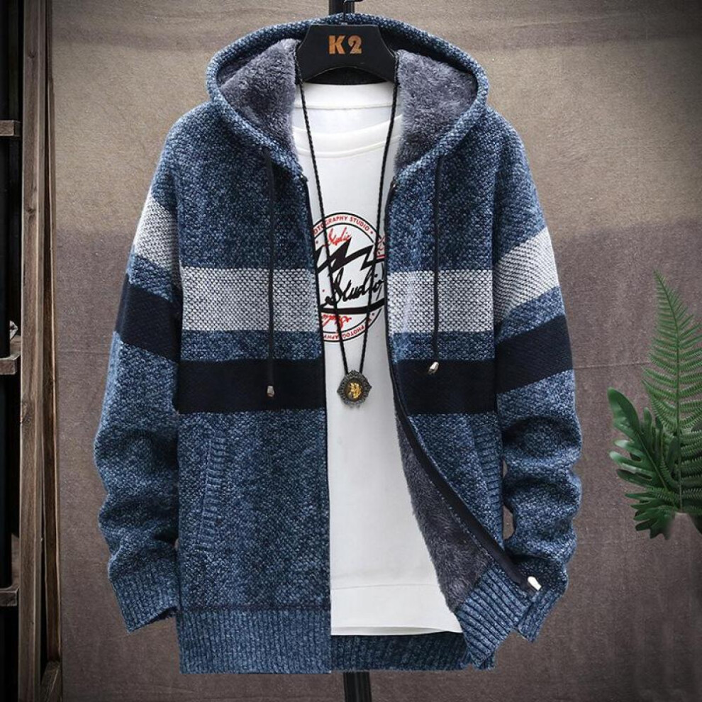 (blue, 4XL) Cardigan Men Sweaters Coats Winter Fleece Knitted Sweater Jacket  Warm Zipper Wool Hooded Cardigan