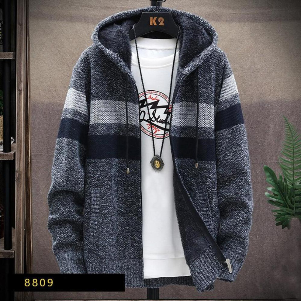 (dark grey, L) Cardigan Men Sweaters Coats Winter Fleece Knitted Sweater Jacket  Warm Zipper Wool Hooded Cardigan