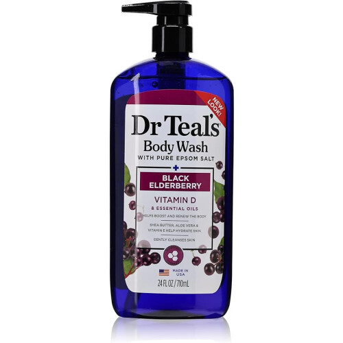 Dr. Teal's Epsom Salt Body Wash with Black Elderberry, Vitamin D & Essential Oils 710ml | Nourishing Shower Gel to Hydrate & Revitalize Skin