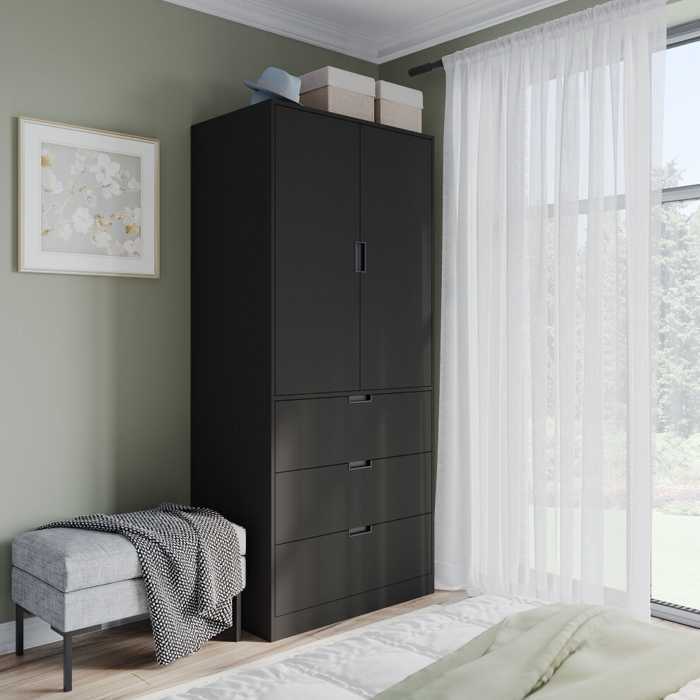 (Black, Black) 180cm Modern Wardrobe 2 Door with 3 Drawer Storage and Hanging Rail Bedroom Furniture