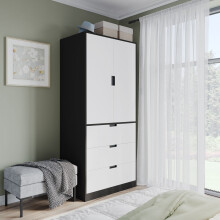 (Black, White) 180cm Modern Wardrobe 2 Door with 3 Drawer Storage and Hanging Rail Bedroom Furniture