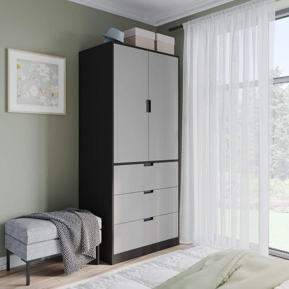 (Black, Grey) 180cm Modern Wardrobe 2 Door with 3 Drawer Storage and Hanging Rail Bedroom Furniture