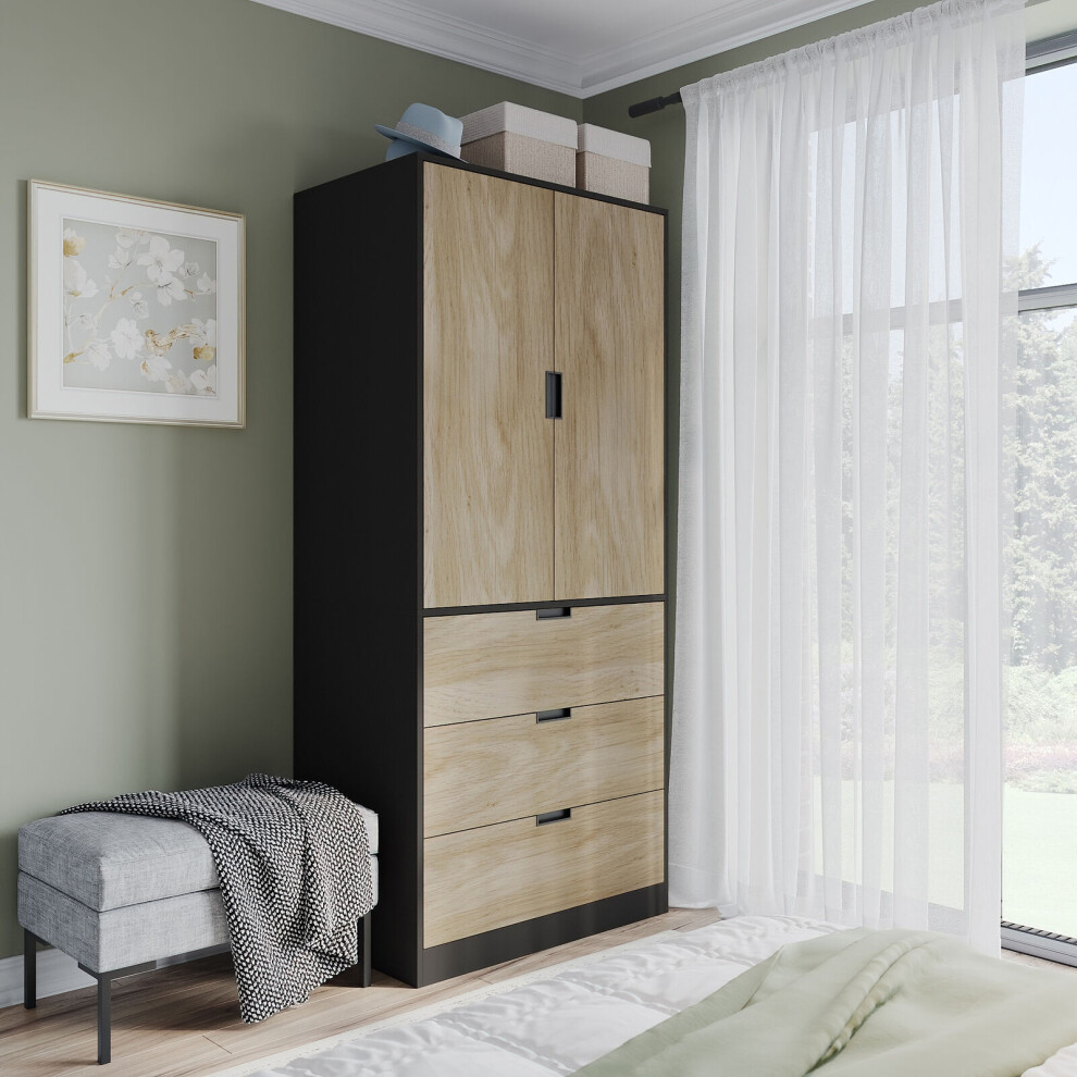 (Black, Oak) 180cm Modern Wardrobe 2 Door with 3 Drawer Storage and Hanging Rail Bedroom Furniture