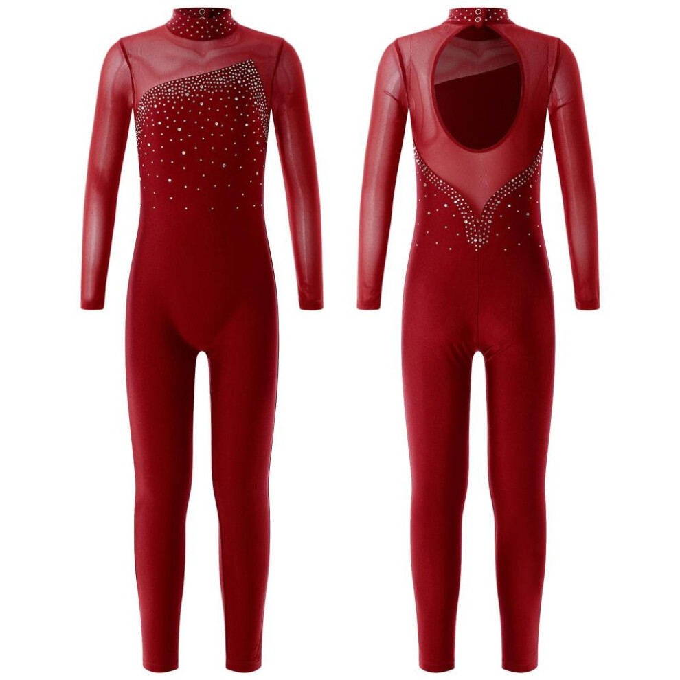 (burgundy, 5-6 Years) Kids Girls Gymnastics Leotard Workout Dance Jumpsuit Long Sleeve Rhinestone Decor Skating Bodysuit
