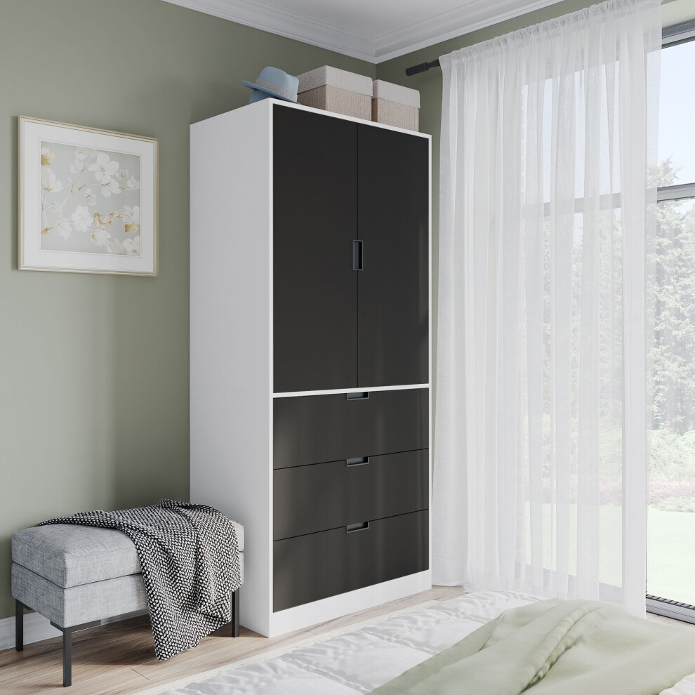 (White, Black) 180cm Modern Wardrobe 2 Door with 3 Drawer Storage and Hanging Rail Bedroom Furniture