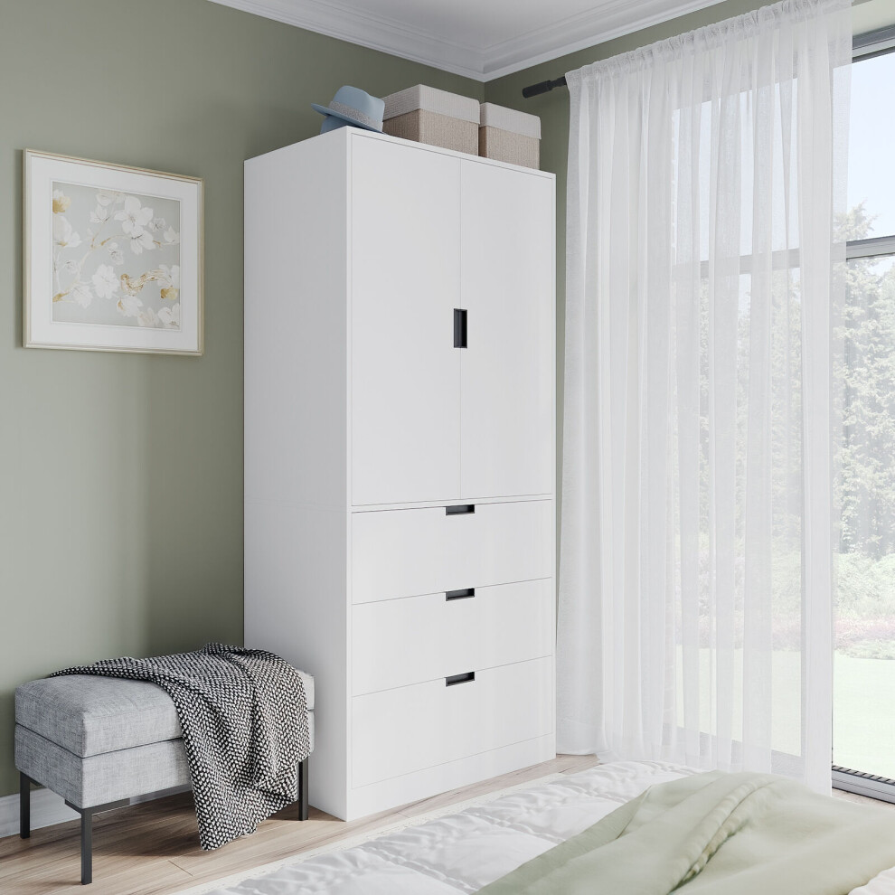 (White, White) 180cm Modern Wardrobe 2 Door with 3 Drawer Storage and Hanging Rail Bedroom Furniture