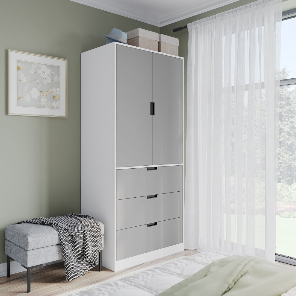 (White, Grey) 180cm Modern Wardrobe 2 Door with 3 Drawer Storage and Hanging Rail Bedroom Furniture