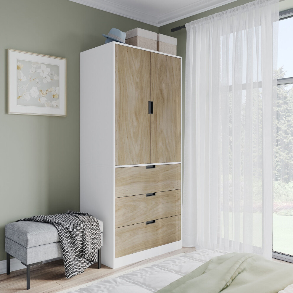 (White, Oak) 180cm Modern Wardrobe 2 Door with 3 Drawer Storage and Hanging Rail Bedroom Furniture