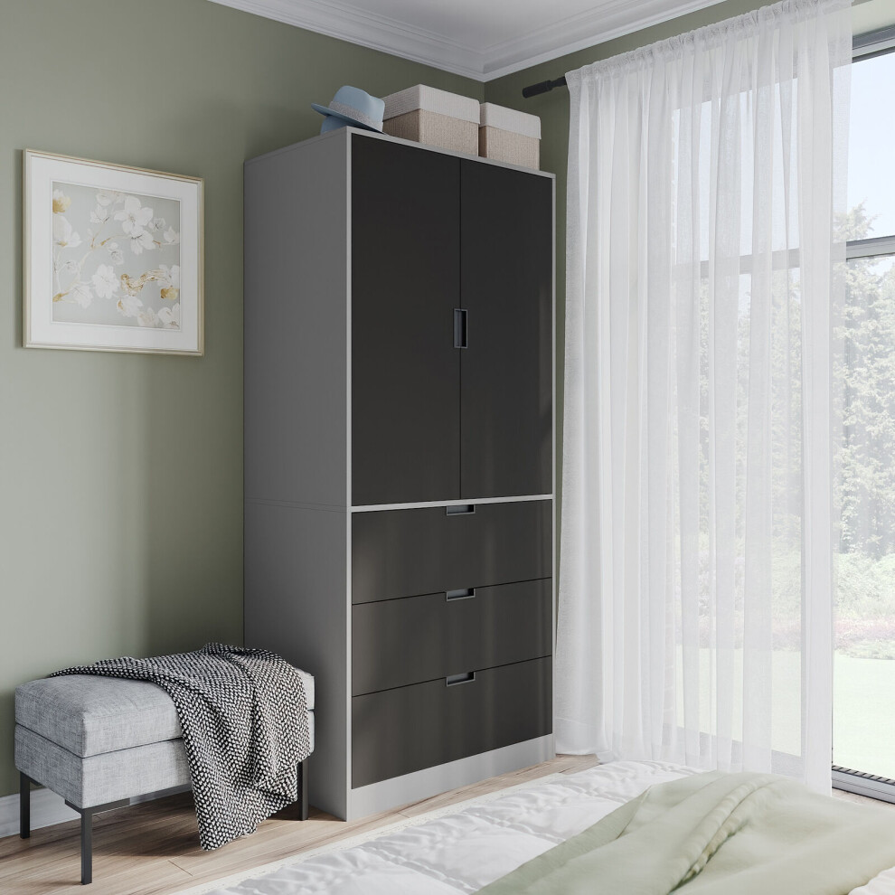 (Grey, Black) 180cm Modern Wardrobe 2 Door with 3 Drawer Storage and Hanging Rail Bedroom Furniture