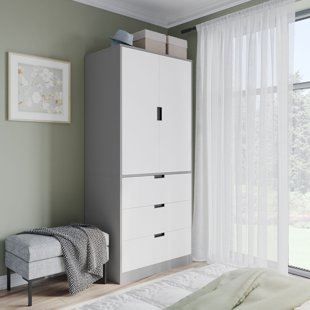 (Grey, White) 180cm Modern Wardrobe 2 Door with 3 Drawer Storage and Hanging Rail Bedroom Furniture