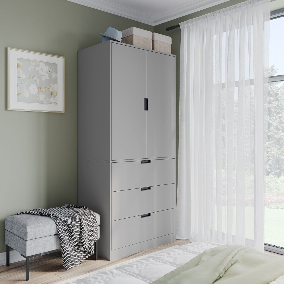 (Grey, Grey) 180cm Modern Wardrobe 2 Door with 3 Drawer Storage and Hanging Rail Bedroom Furniture