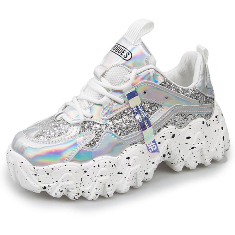 (silver, 35) Hoho Fair Women Shoes Reflective Chunky Sneakers Women Fashion Glitter Bling Vulcanized Shoes Woman Designer Platform Sneakers Shoes