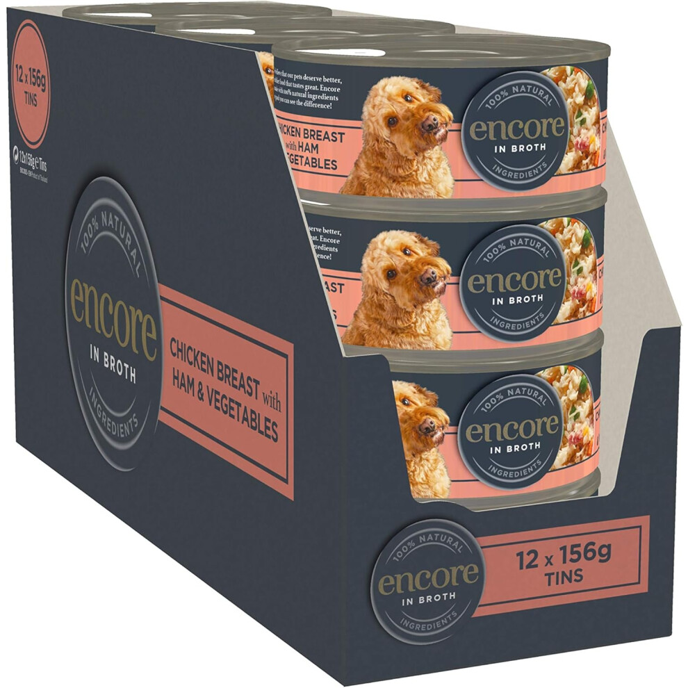 Encore 100% Natural Wet Dog Food, Chicken Breast with Ham and Vegetables in 156g Tin (Pack of 12)