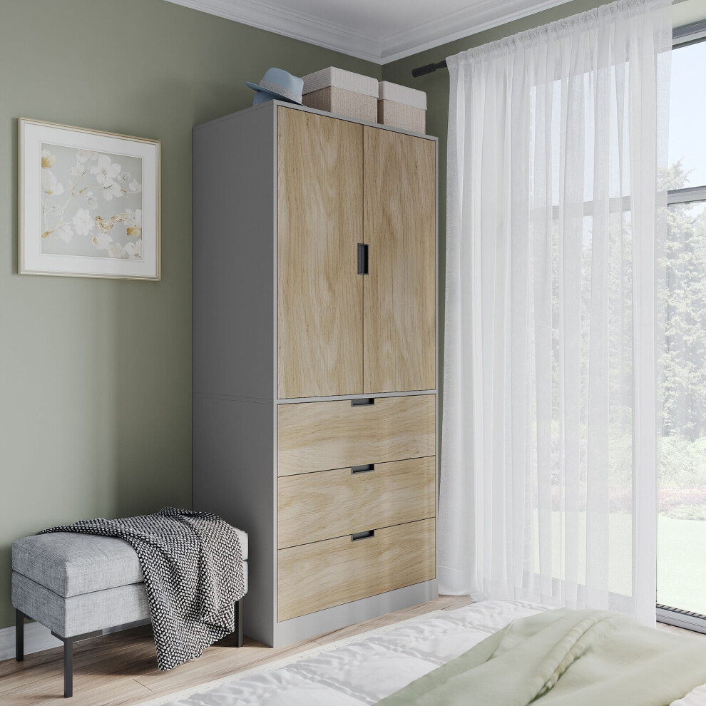 (Grey, Oak) 180cm Modern Wardrobe 2 Door with 3 Drawer Storage and Hanging Rail Bedroom Furniture