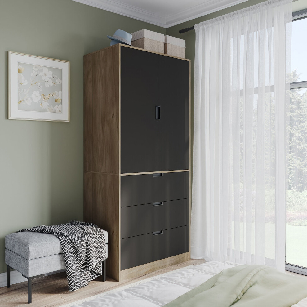 (Oak, Black) 180cm Modern Wardrobe 2 Door with 3 Drawer Storage and Hanging Rail Bedroom Furniture