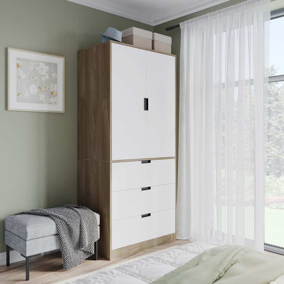 (Oak, White) 180cm Modern Wardrobe 2 Door with 3 Drawer Storage and Hanging Rail Bedroom Furniture