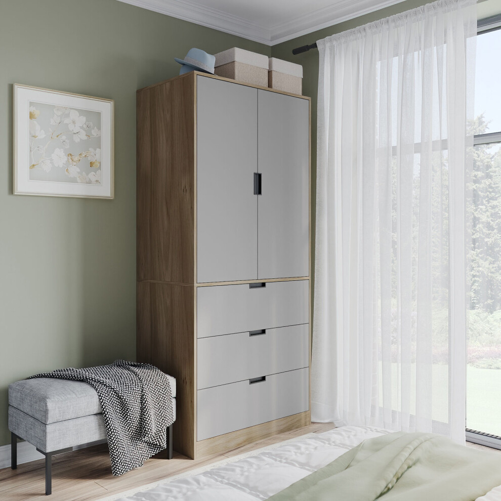 (Oak, Grey) 180cm Modern Wardrobe 2 Door with 3 Drawer Storage and Hanging Rail Bedroom Furniture