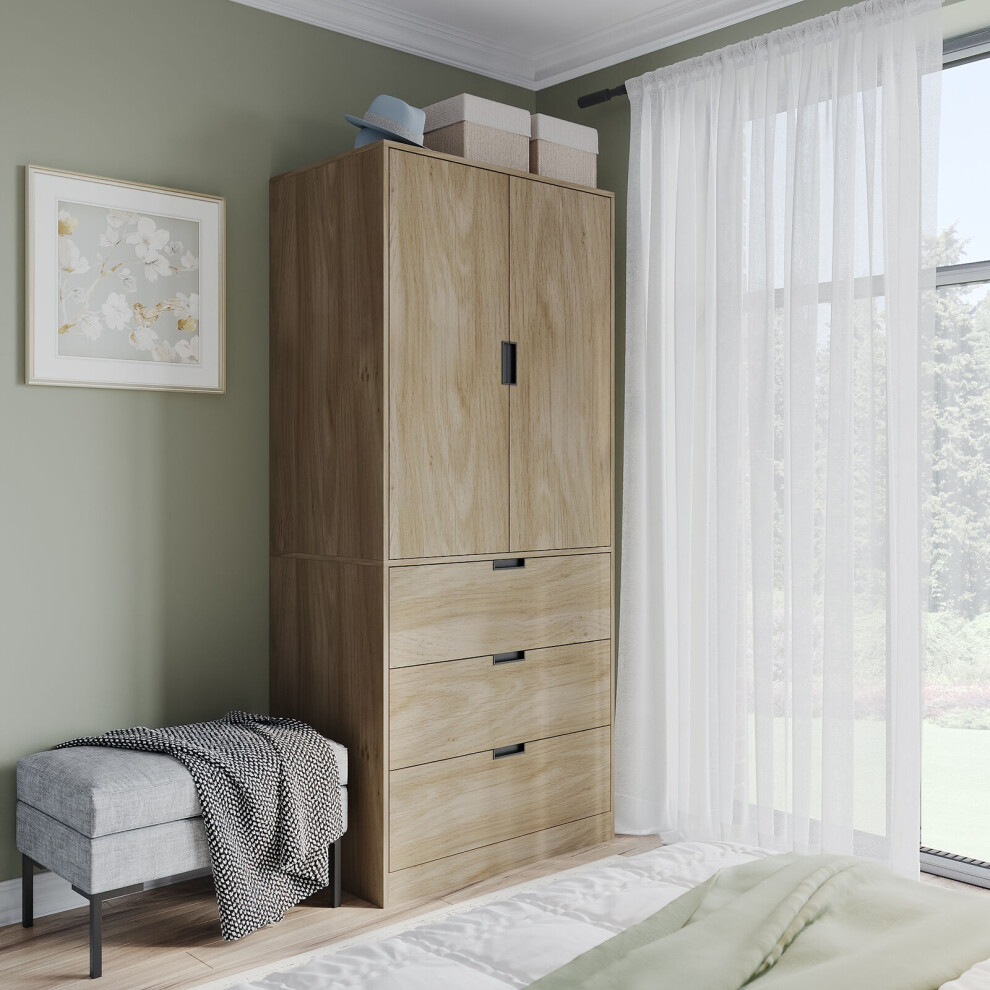 (Oak, Oak) 180cm Modern Wardrobe 2 Door with 3 Drawer Storage and Hanging Rail Bedroom Furniture