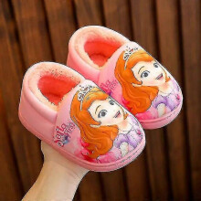 (26-27 Insole 16.0 cm, Pink heel) Princess Elsa Winter Children's Heel Cotton Slippers Girls' Warm Frozen Kids' Cotton Black Purple Flats Shoes
