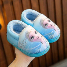 (38-39 Insole 23.0 cm, Blue heel) Princess Elsa Winter Children's Heel Cotton Slippers Girls' Warm Frozen Kids' Cotton Black Purple Flats Shoes