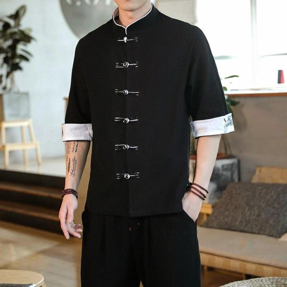 (black, M) Summer Crane Embroidery Top Traditional Chinese Style Mens Vintage Half Sleeve Linen Shirts Collar Kungfu Shirt