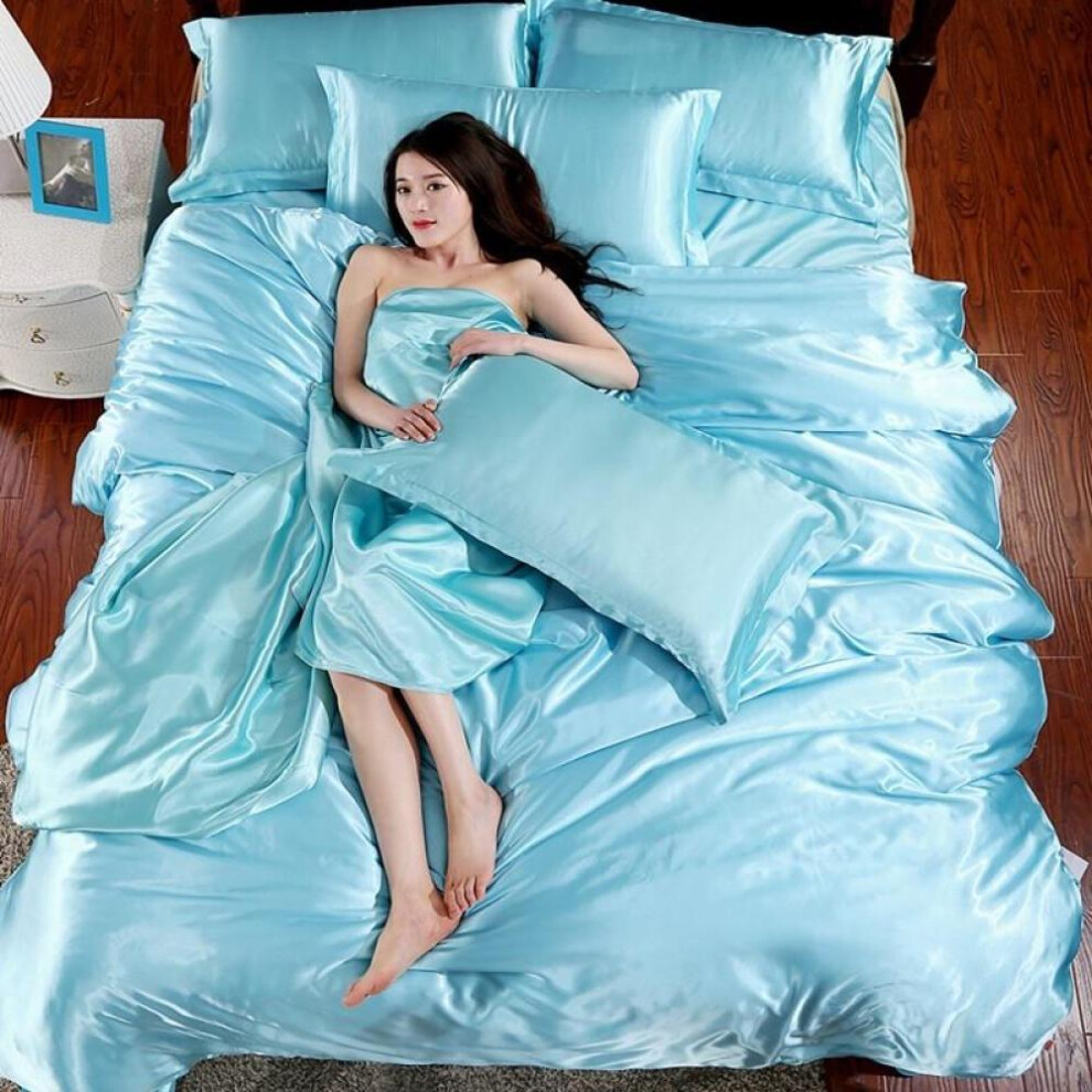 (light blue, 2.2m) Satin Silk Bedding Set Bed Cover Flat Sheet Pillowcases