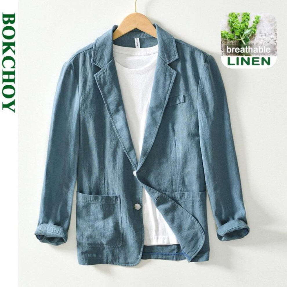(green,blue, S) Spring Casual Linen And Cotton Safari Suits For Men Men&apos;s Linen Style Long Sleeve Solid Clothing Solid Color Blazers Men Jackets Oversize