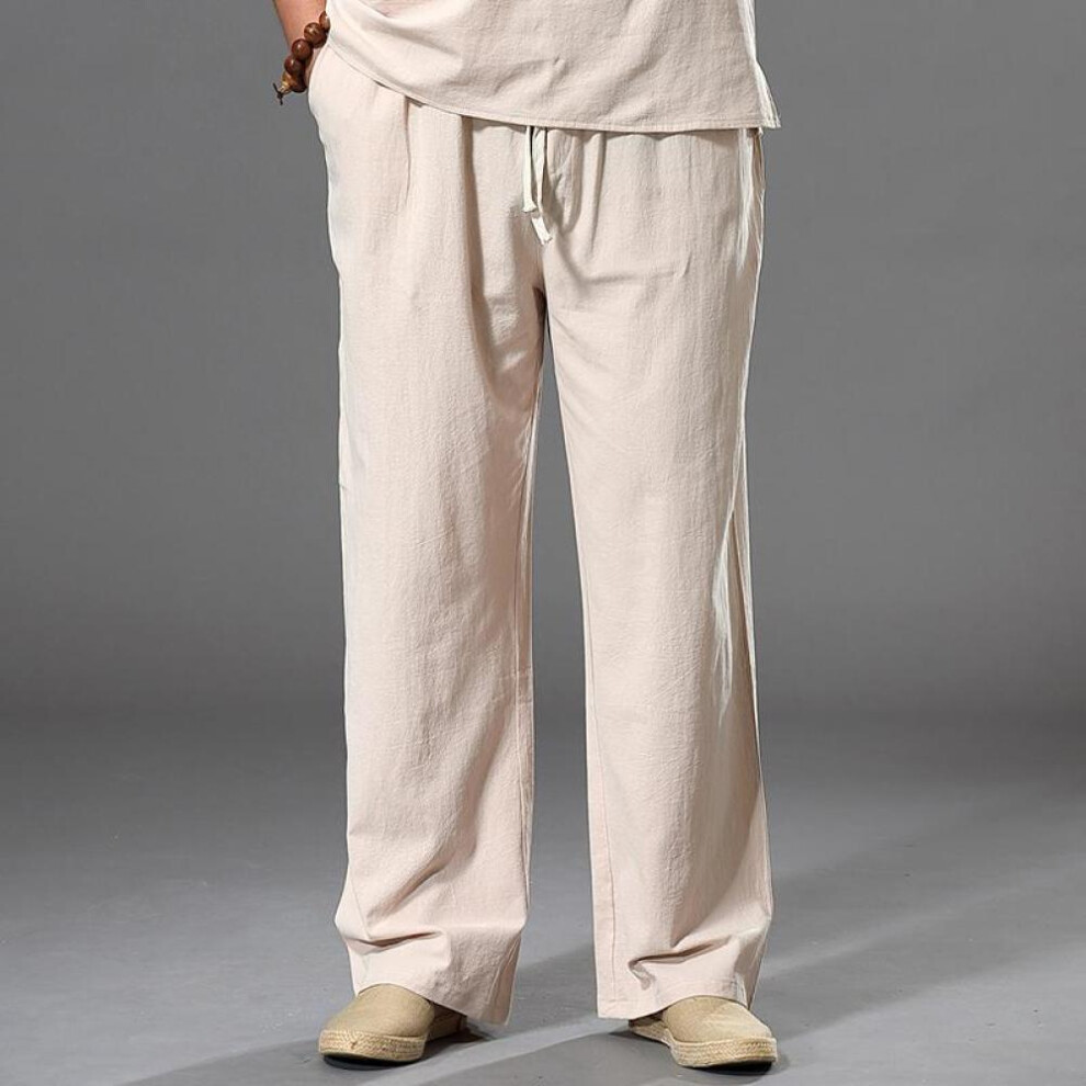 (beige, M) Pants Large Size Summer Men&apos;s Cotton Tall Big Sizes Wide Leg Linen Pant Oversized Jogger Trousers Male Plus Size Loose Pants Men