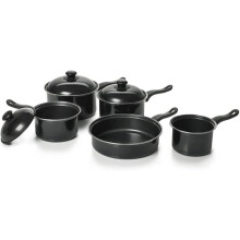 8pc Non Stick Cookware Set - Milkpan Saucepan Kitchen Cook Pan Black Glass Lids | 8 Piece | Carbon Steel | Durable & Efficent