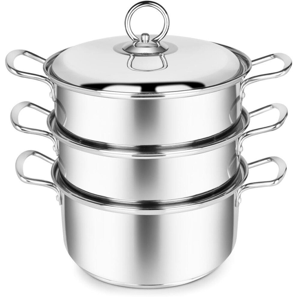Penguin Home 3-Tier Stainless Steel Steamer Pan Set with Induction-Safe Knob Lid - Includes Casserole + 2 Steamer Pots