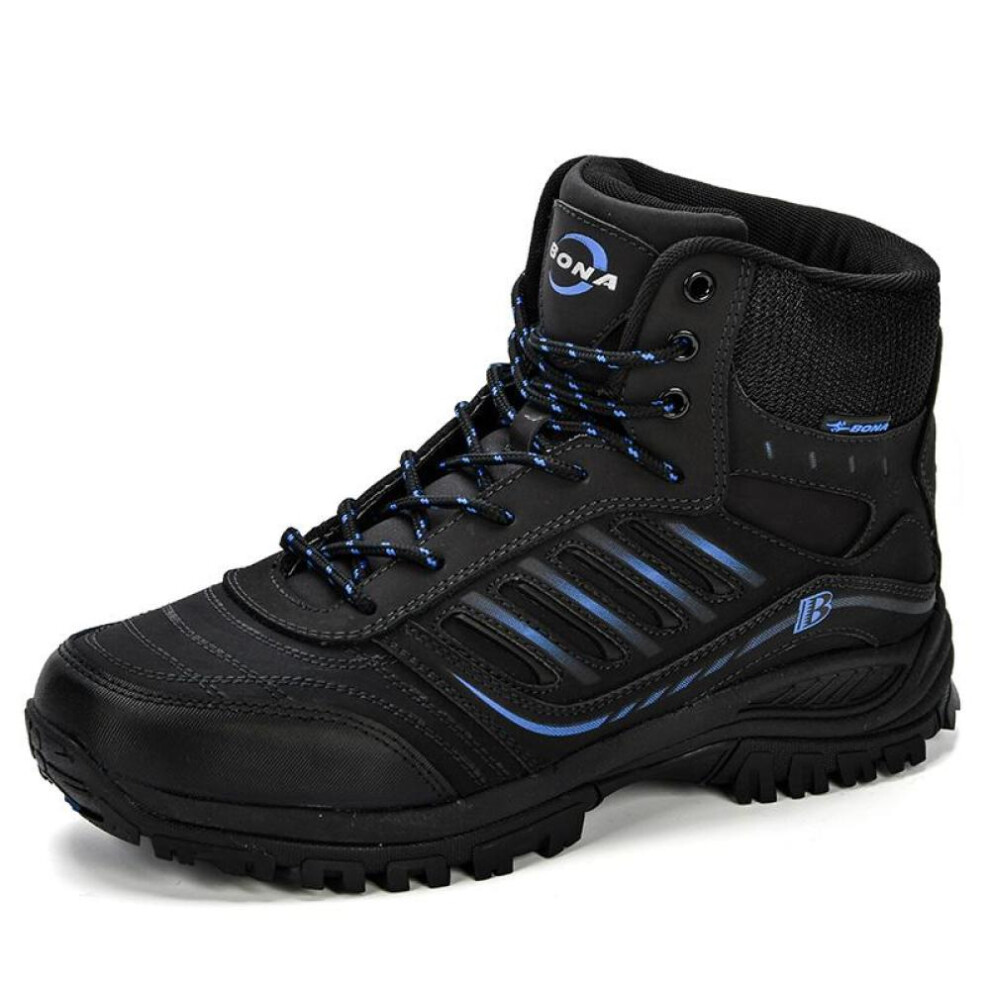 (black,blue, 46) Bona Men Hiking Shoes Mid-top Split Leather Outdoor Sneaker Men Comfy Trekking Boots Men Trail Camping Climbing Hunting Sneakers